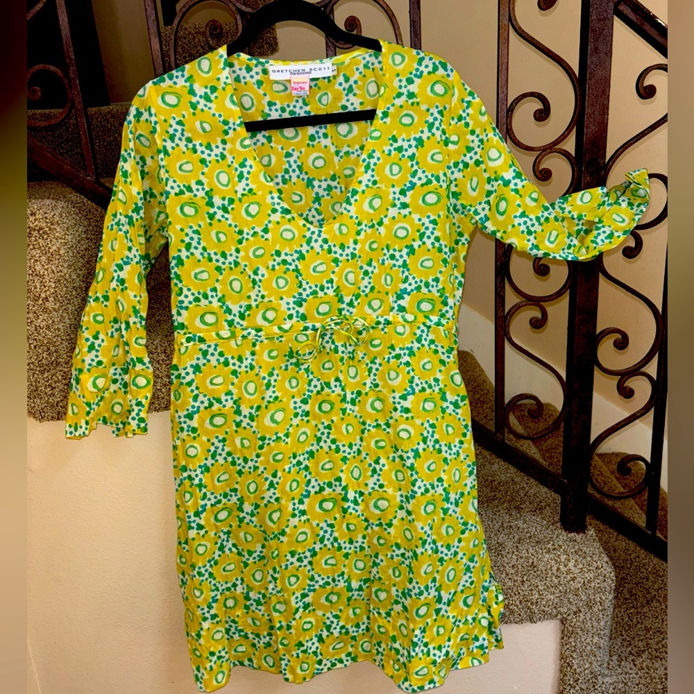 Gretchen Scott Designs Yellow/Green 3/4 sleeve Floral Dress  -sz S  $189 EUC